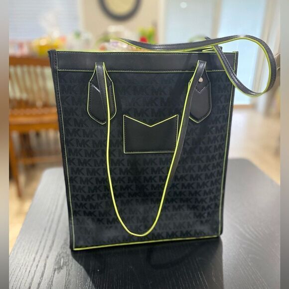 MICHAEL KORS Exclusive Bay Large Woven Canvas Tote Bag Black/green trimed - Picture 8 of 8